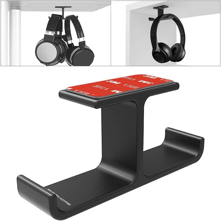 Headphone Headset Holder, Headphones Stand Hanger Hook Aluminum Stick-On Adhesive under Desk Dual Headsets Holder Mount Gaming Accessories for All Headphones, Black