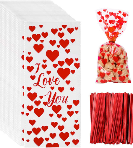 100 Pieces Valentine Cellophane Bags Heart Treat Bags Candy Goodies Gift Bags and 150 Pieces Red Twist Ties for Valentine Party Supplies