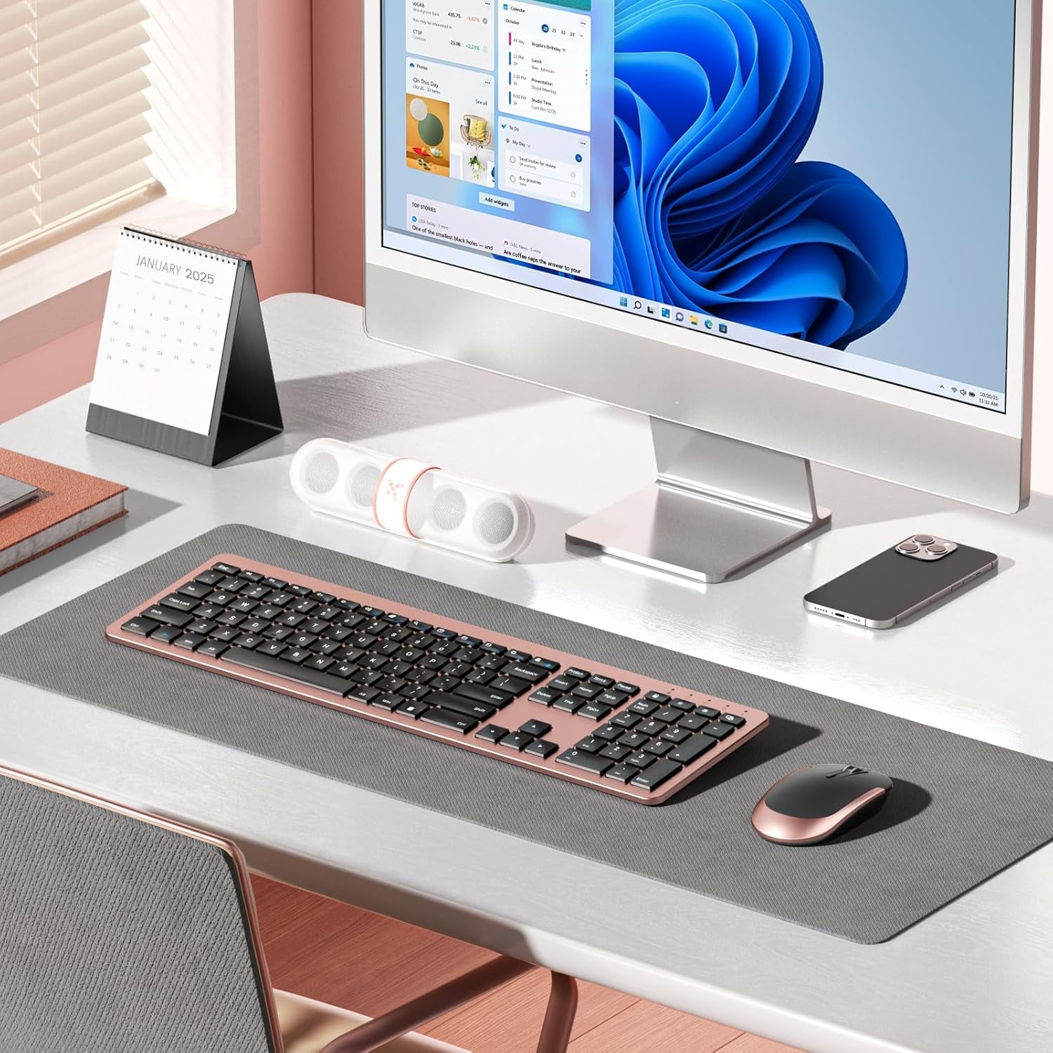 Rechargeable Wireless Keyboard Mouse Combo Full Size Cordless Keyboard & Mouse Sets with Build-In Lithium Battery Ultra Thin Quiet Keyboard Mice (Black and Rose Gold)